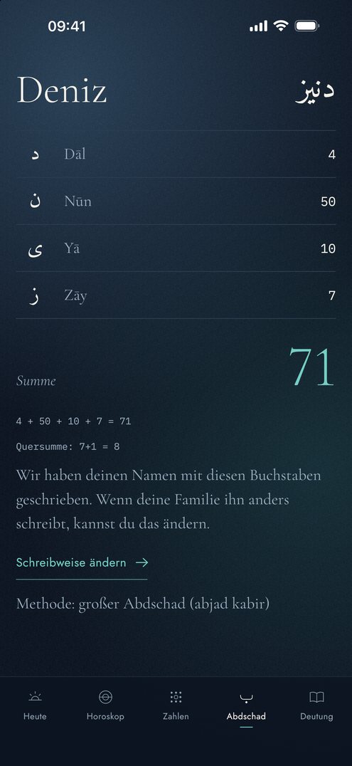 Abdschad-Ansicht von Falius: die Buchstaben des Namens Deniz, ihre Werte und die Summe 71