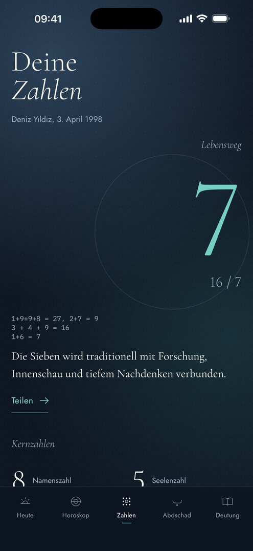 Zahlen-Ansicht von Falius: Lebensweg und Namenszahl mit ihren Rechnungen