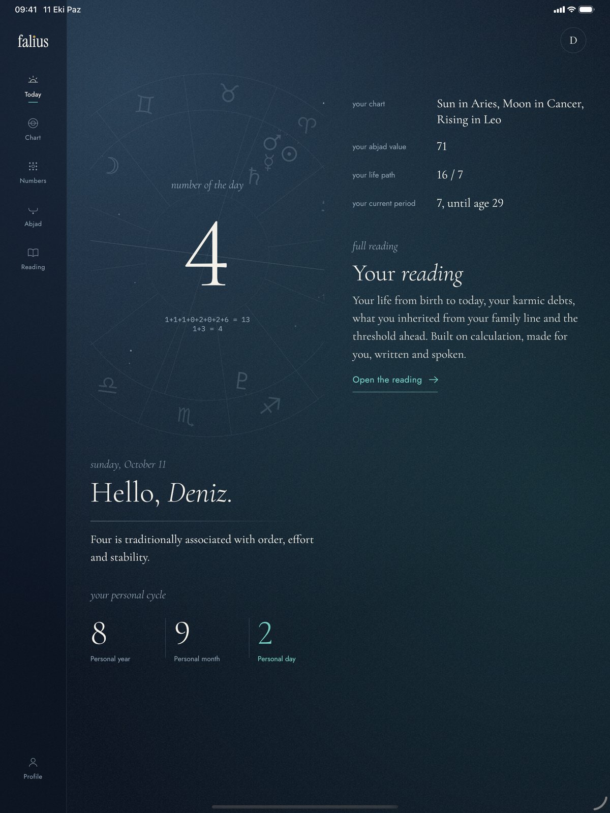 Falius on a tablet, dark theme: side menu and the two-column Today screen