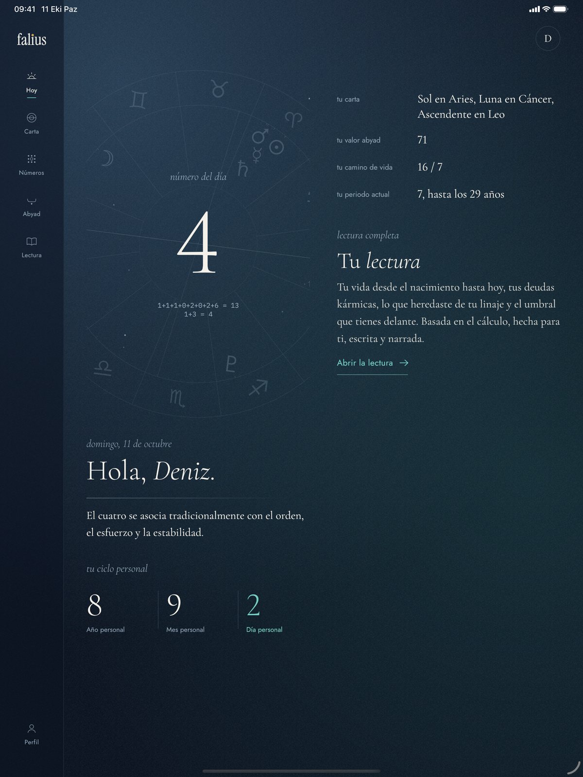 Falius en una tableta, tema oscuro: menú lateral y la pantalla Hoy en dos columnas