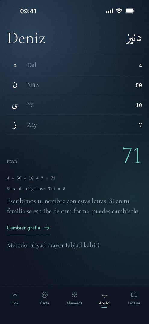 Pantalla abyad de Falius: las letras del nombre Deniz, sus valores y el total 71