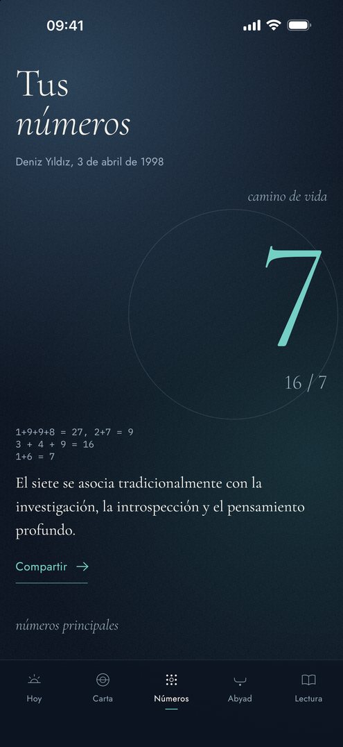 Pantalla de números de Falius: camino de vida y número del nombre con sus cálculos