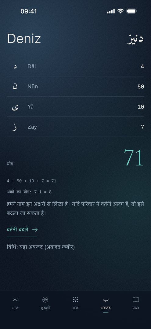 Falius की अबजद स्क्रीन: नाम Deniz के अक्षर, उनके मान और योग 71