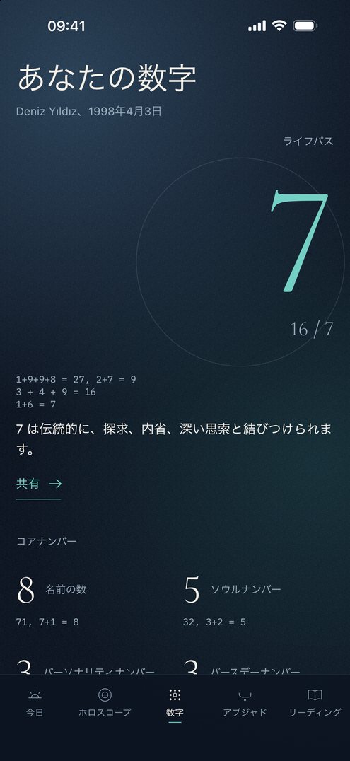 Falius の数字画面：ライフパスと名前の数とその計算