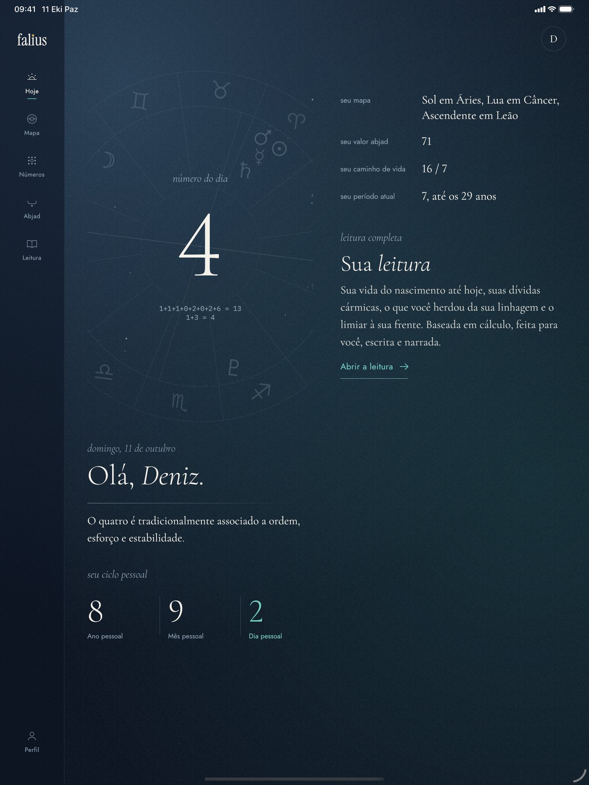 Falius no tablet, tema escuro: menu lateral e a tela Hoje em duas colunas