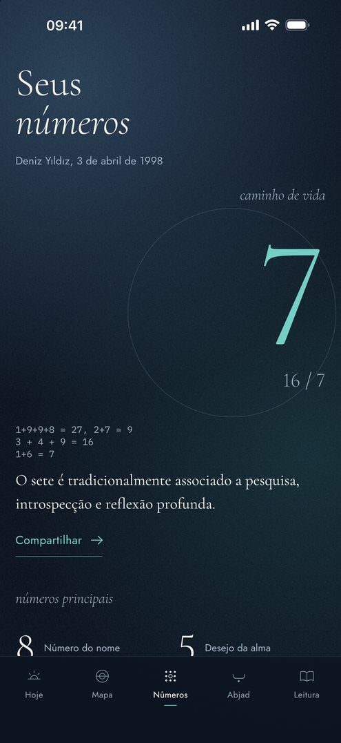 Tela de números do Falius: caminho de vida e número do nome com seus cálculos