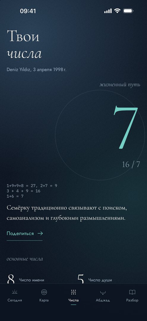 Экран чисел в Falius: жизненный путь и число имени с расчётами