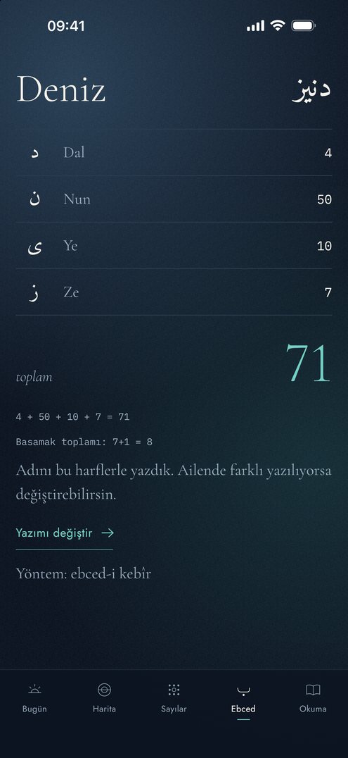 Falius ebced ekranı: Deniz adının harfleri, değerleri ve 71 toplamı