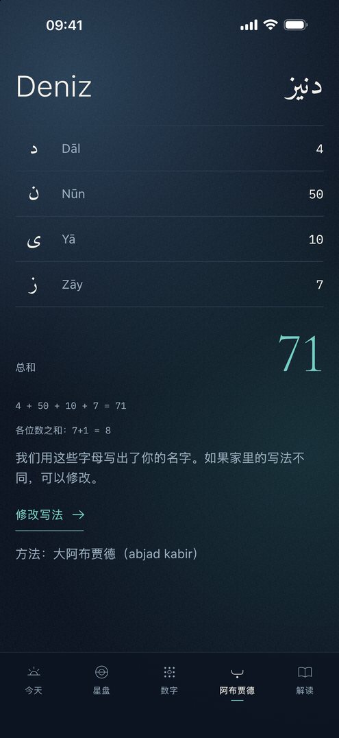 Falius 阿布贾德界面：名字 Deniz 的字母、数值和总和 71